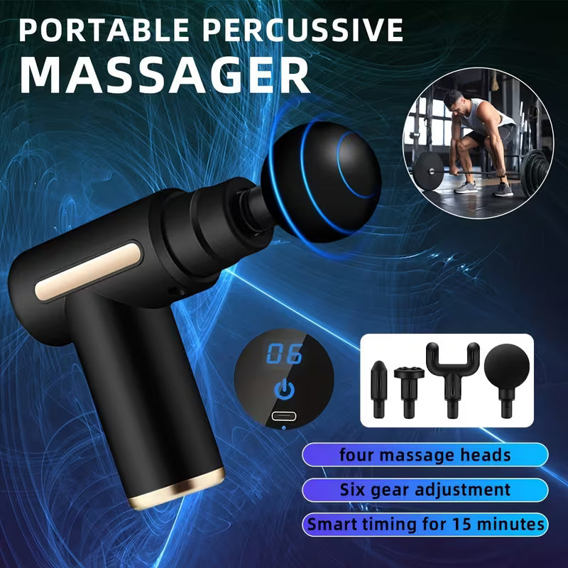 Mini LCD Massage Gun 4 Heads 6 Speed USB Rechargeable
