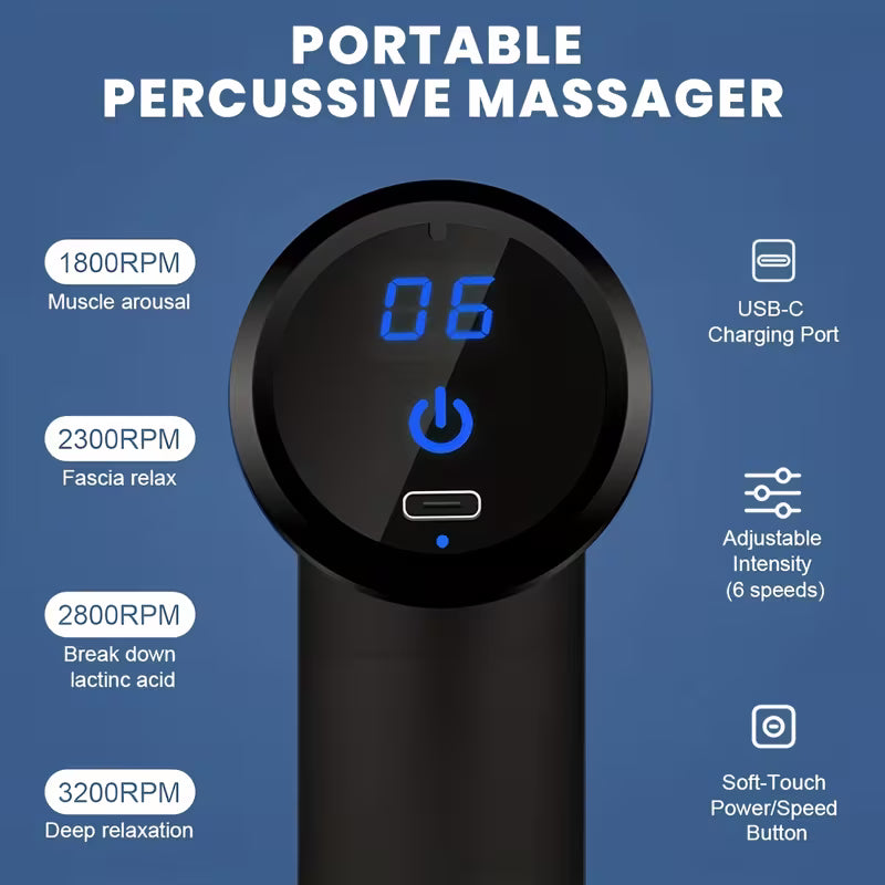 Mini LCD Massage Gun 4 Heads 6 Speed USB Rechargeable