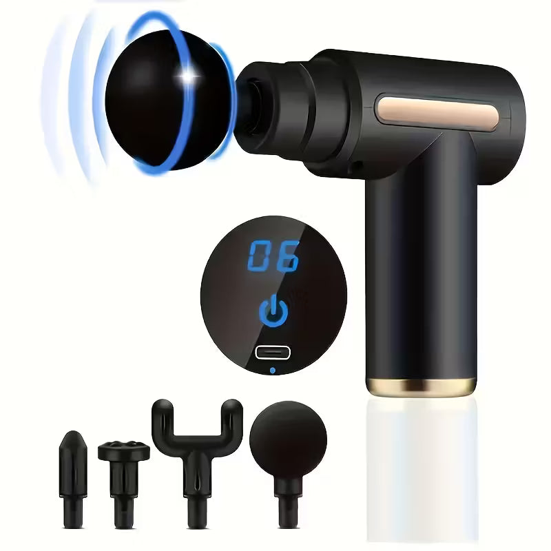 Mini LCD Massage Gun 4 Heads 6 Speed USB Rechargeable